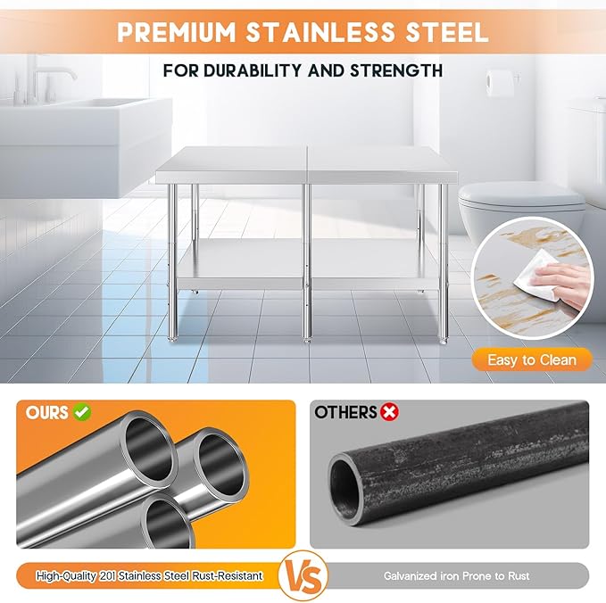 Jocisland 30 x 60 Stainless Steel Table for Prep &amp Work NSF Certified Adjustable Under Shelf and Feet for Commercial Kitchen Restaurant Hotel and Garage