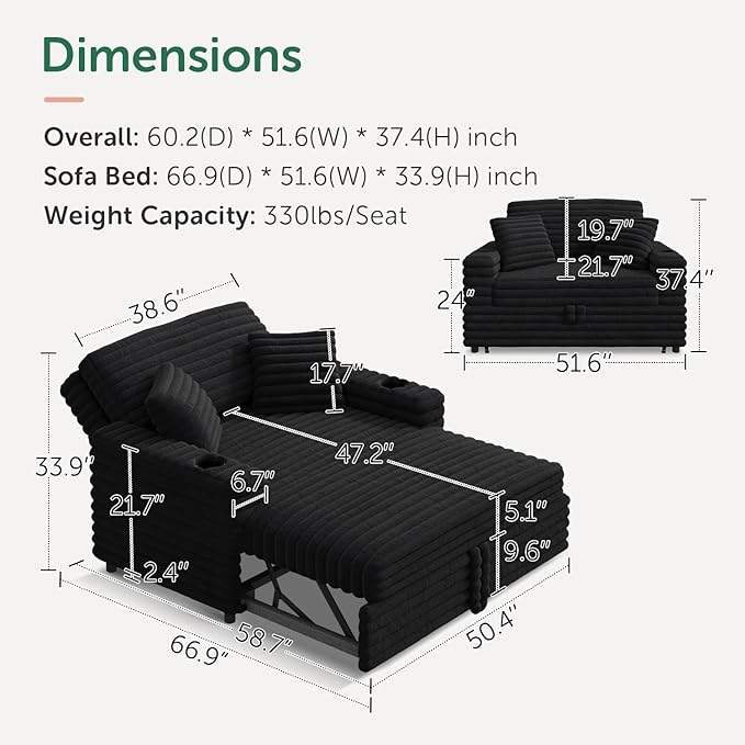 Plush Sofa 52” 3-in-1 Convertible Pull-Out Sofa Bed Sleeper Loveseat with Built-in Cup Holders Reclining Backrest Pet-Friendly for Small Space - Black