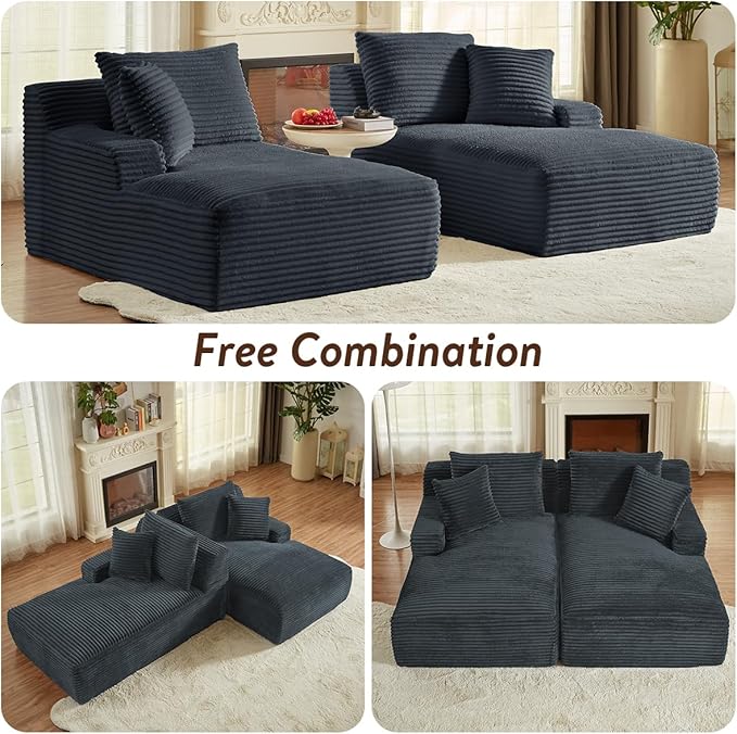 Oversized Double Chaise Lounge Chair IndoorWide Corduroy Boneless Chaise Lounges Sofa Comfy Upholstered Cloud Couch No Assembly Required Loveseat Sleeper Chair Bed for Living Room(Dark Grey)