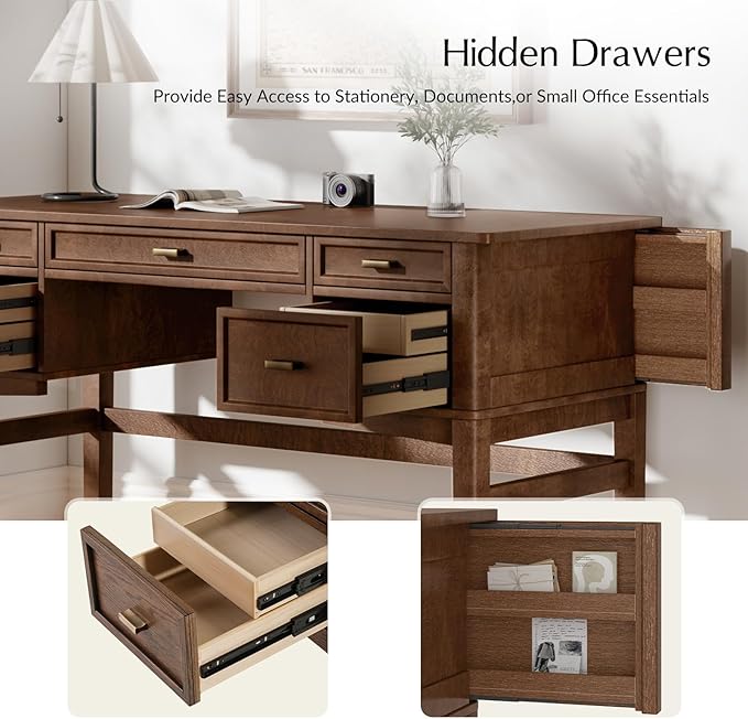 HULALA HOME 56 Home Office Desk with 5 Drawers and Hidden Compartment Drawer Mid-Century Modern Computer Desk with Solid Wood Legs Executive Desk for Work Study Writing Walunt
