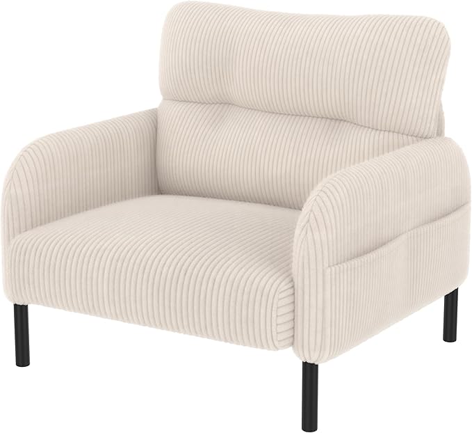 Modern Living Room Chair Single Seat Wide Chair Upholstered Corduroy Fabric Accent Armchair Single Sofa Chair with Side Pocket and Wood Legs for Bedroom/Office/Reading Spaces (Beige)