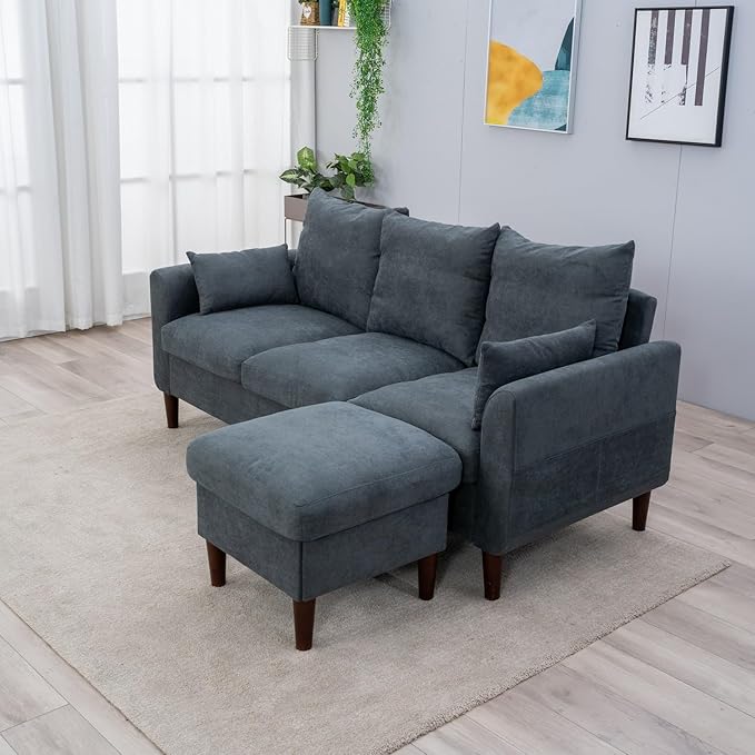 Panana Sectional Sofa Modern Deep 3-Seat Sofa Couch with Ottoman Upholstered Furniture for Living Room Apartment Studio Office (Grey Linen Curved Arms)