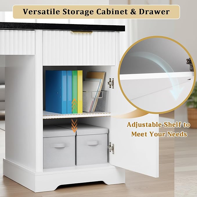 55 Fluted Office Desk with USB Charging Pegboard Organizer Convertible Keyboard Tray &amp Adjustable Storage Cabinet Modern Home Office Computer Desk