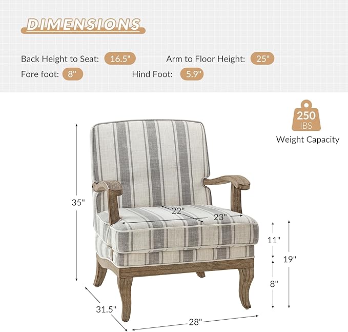 HULALA HOME Mid-Century Modern Chair Set of 2 Upholstered Accent Chair with Graceful Curves and Wooden Legs Comfy Lounge Armchair Striped Accent Chairs for Living Room Bedroom (Grey)