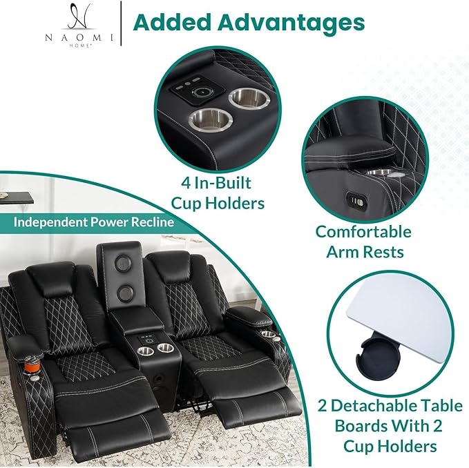 Chicago Home Theater Recliner Chair – Bluetooth Speakers Wireless Charging Power Recline Adjustable Headrest LED Lighting Cup Holders &amp Premium Faux Leather for Ultimate Comfort