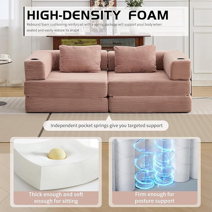 78 Loveseat Sleeper Sofa 4 in 1 Convertible Floor Sofa Bed Boneless Cloud Couch with Cup Holder Fold Out Floor Couch for Living Room Bedroom Lounge Corduroy Pink