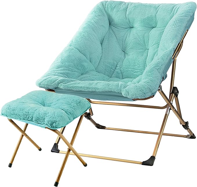 Walsham Folding Comfy Chair with Ottoman Faux Fur Soft Cozy Lounge Reading Papasan Chair with Footrest for Adults Kids Bedroom Living Room Dorms Small Space Green