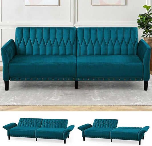 77 Inches Velvet Tufted Sofa Bed w/Adjustable Backrests &amp Armrests Convertible Sleeper Sofa w/Nailhead Trim Modern Loveseat Couch with Sturdy Legs for Living RoomOfficeTeal