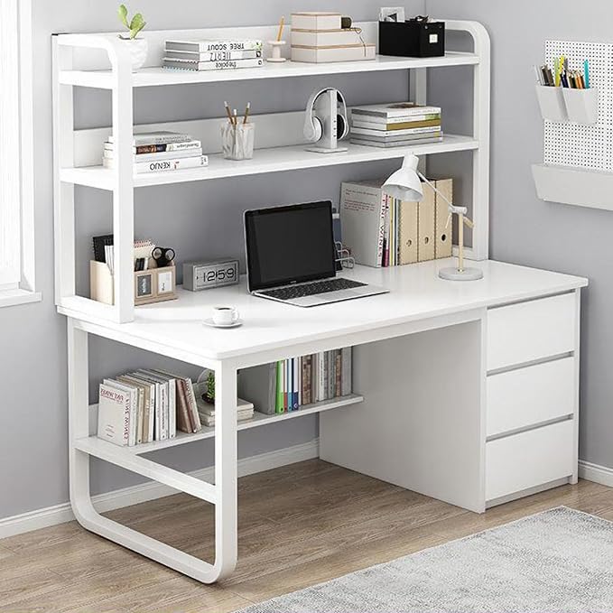 Home Office Desk with Bookshelf and 3 Drawers PC Study Writing Desk Student Writing Study Table Modern Simple Computer Desk/Workstation(39 Inch White)