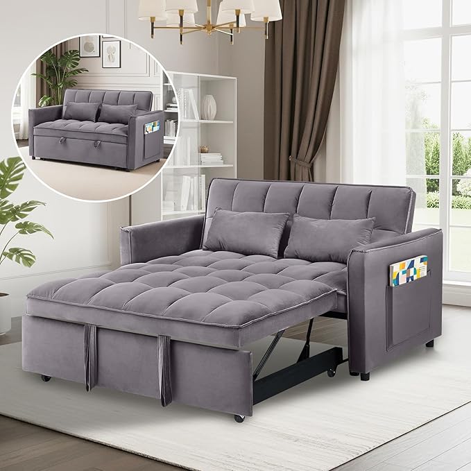 3 in 1 Convertible Sofa Bed Pull Out Couch with Adjustable Backrest Velvet Sleeper Sofa Loveseat with Pillows and Side Pockets for Living Room Bedroom Apartment Dark Grey