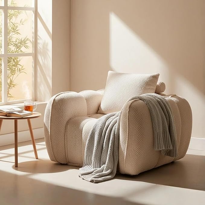 Furnimart Pumpkin Single Sofa Oversized Could Comfy Accent Chair Foam Boneless Chair Wide Seat Modern Small Couch for Living Room Bedroom Assemble Free(Beige)