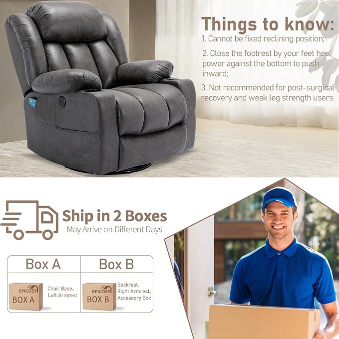 360° Swivel Rocker Recliner Chair with Heat and Massage Manual Glider Rocking Reclining Chair Swivel Overstuffed Lounge Reclining Chair with 2 Cup Holders Side Pockets &amp USB Ports Grey