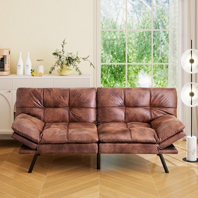 Vipbear 71 Futon Sofa Bed - Convertible Sofa Beds/Adjustable Backrest &amp Armrest Comfy Loveseat Sleeper for Small Spaces Apartments &amp OfficesFaux Leather Brown Futons
