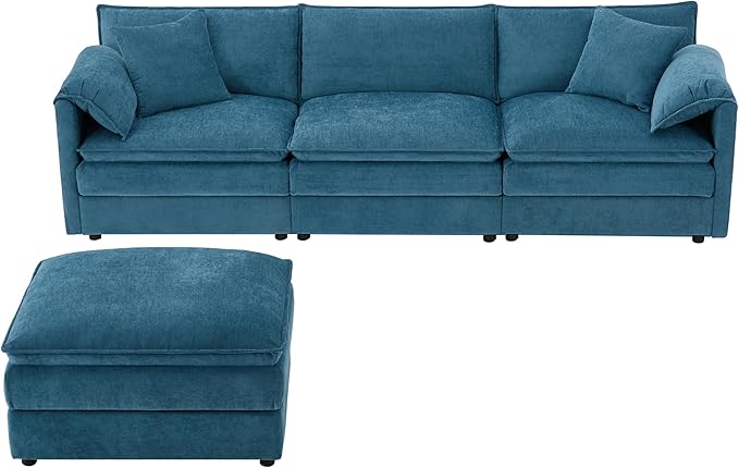 Modular Sectional Sofa 103.5 Inch L Shaped Couch for Living Room 4-Seater Comfy Chenille Cloud Couches with Movable Ottoman (Light Blue)