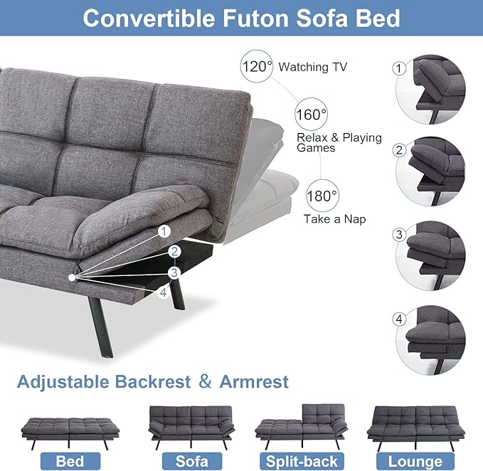 MUUEGM Futon Sofa Bed Convertible Futon Couch SleeperMemory Foam Modern Love seatSmall Splitback Sofa with Adjustable Armrests Backrests for Living RoomCompact SpaceOfficeApartmentDorm71Grey