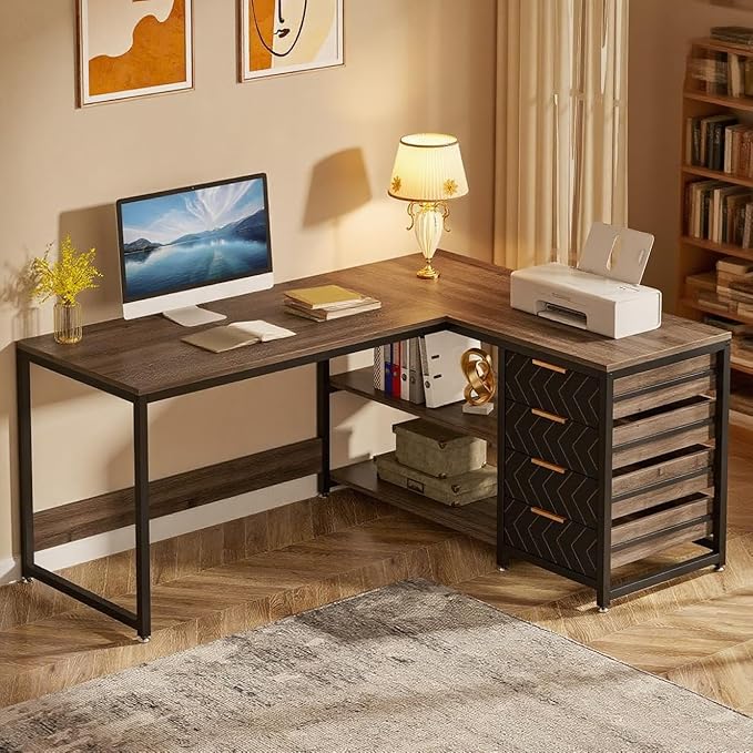 59-Inch Reversible L-Shaped Desk with Drawers &amp Shelves Corner Computer Desk Workstation for Home Office Grey