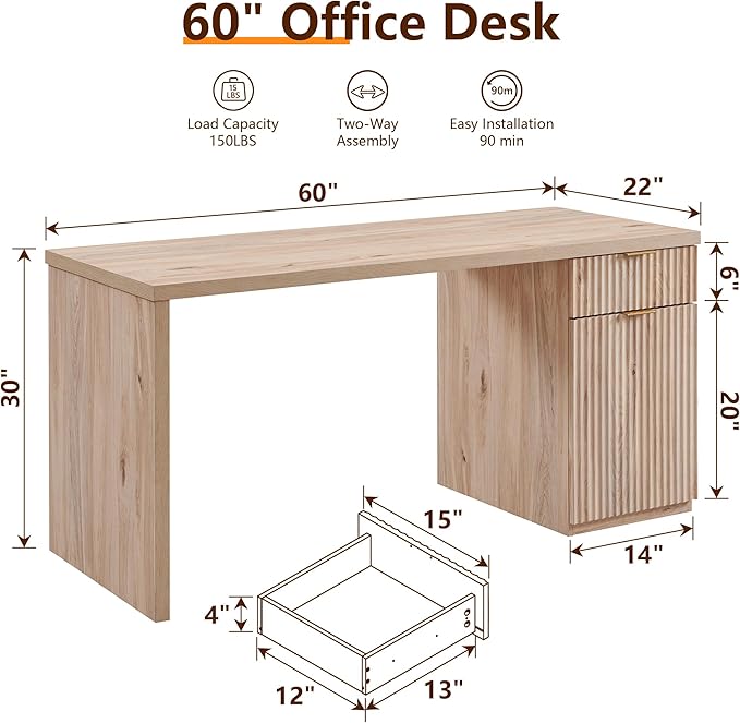 JXQTLINGMU 60 Modern Executive Desk with Storage Wood Home Office Desk with Drawer &amp Cabinet Fluted Computer Writing Desk for Study Living Room Bedroom Oak