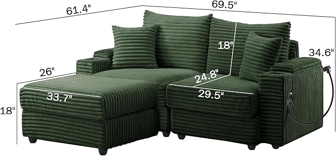 69.5 Modular Sectional Sofa L-Shaped Couches for Living Room Comfy Cloud Couch with Ottoman Convertible 3 Seats Deep Seat Sofas Green Corduroy Couch with Charger Cup Holders &amp Armrest Storag
