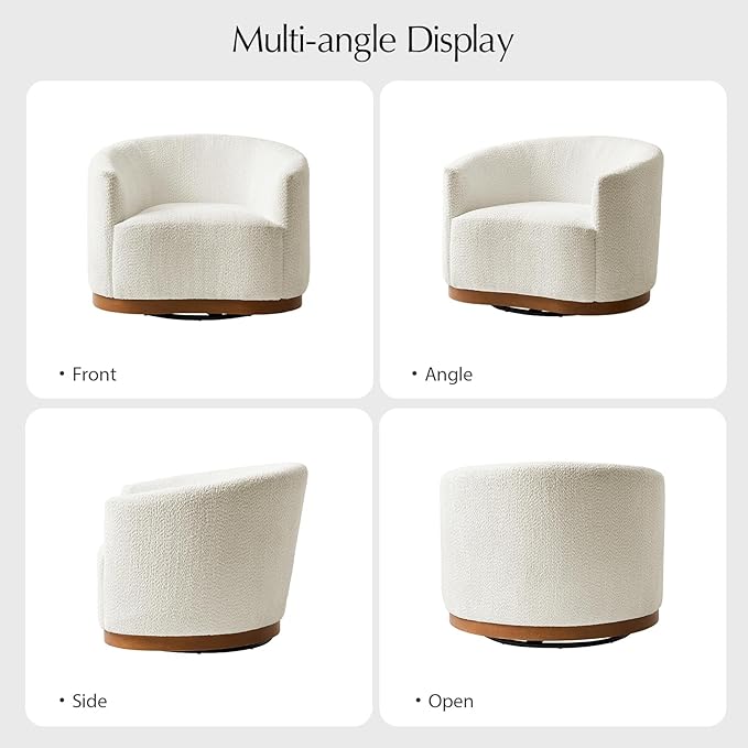 HULALA HOME Chenille Swivel Accent Chair Fully Assembled Comfy Upholstery Barrel Armchair with Sturdy Solid Wood Base Ivory