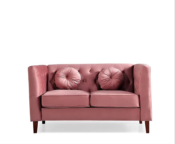 Kittleson Classic Chesterfield Velvet Loveseat Sofa with Elegant Button Tufted Backrest Square Legs High-Density Foam &amp Accent Pillows 2 Seater Couch for Living Room Love Seat Rose