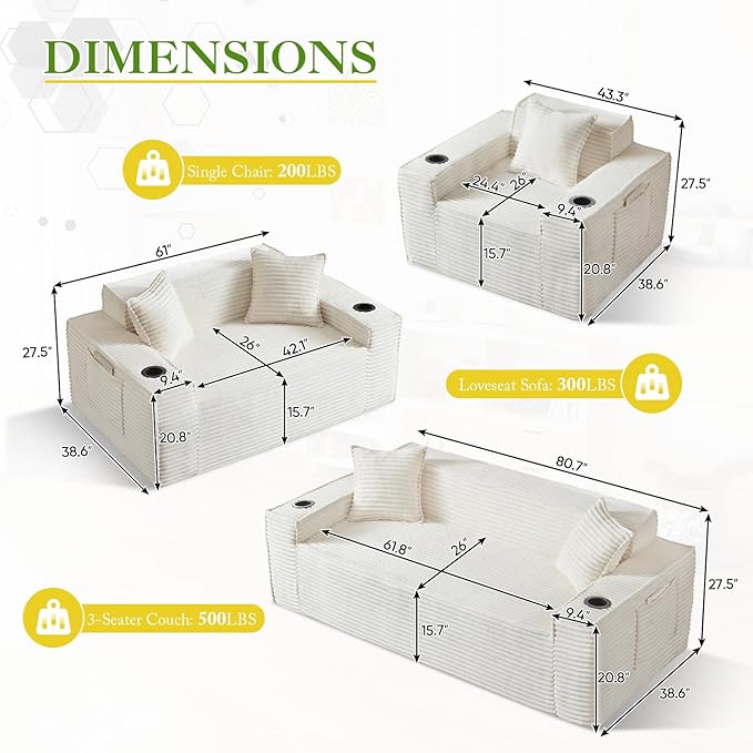 Boneless Corduroy Loveseat Sofa 61-Inch Small Comfy Cloud Deep Seat Couch with Cup Holder Modern Couch for Living Room Bedroom No Assembly White