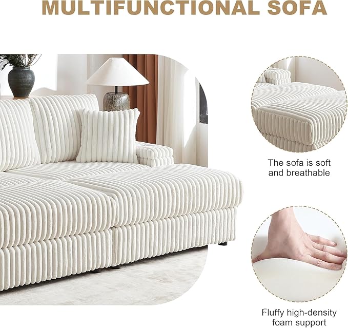 84Inch Corduroy 3-Seater Sofa with 3 Back Pillows2 toss Pillows a Ottoman2storage Spaces and Cup-Holding Grooves Comfy Sofa- Deep Seat Couch for Living RoomBeige