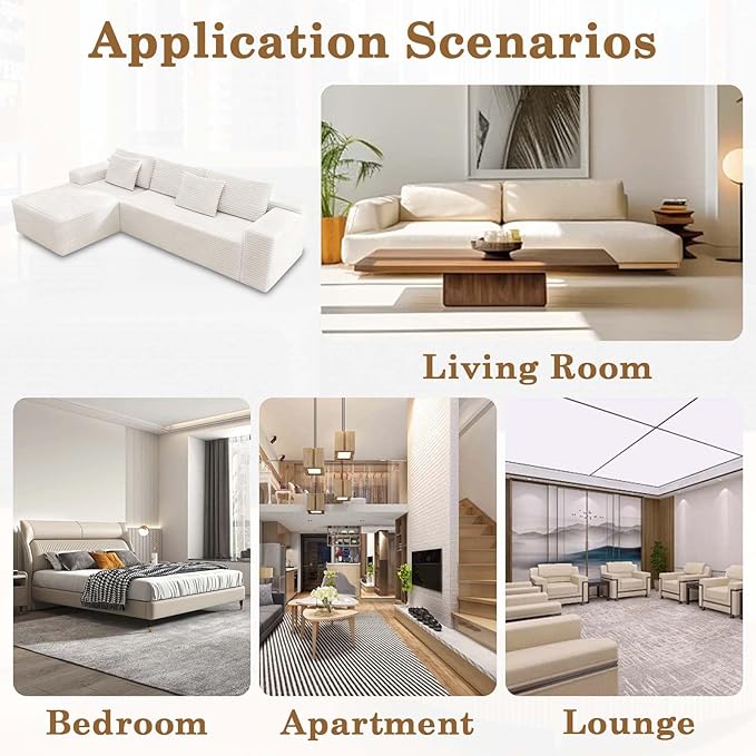 104 Boneless Couch with Chaise Sectional Couches for Living Room L Shaped Couch 4 Seat SofaCompression Sofa for Bedroom Comfy No Assembly Corduroy (White Left)