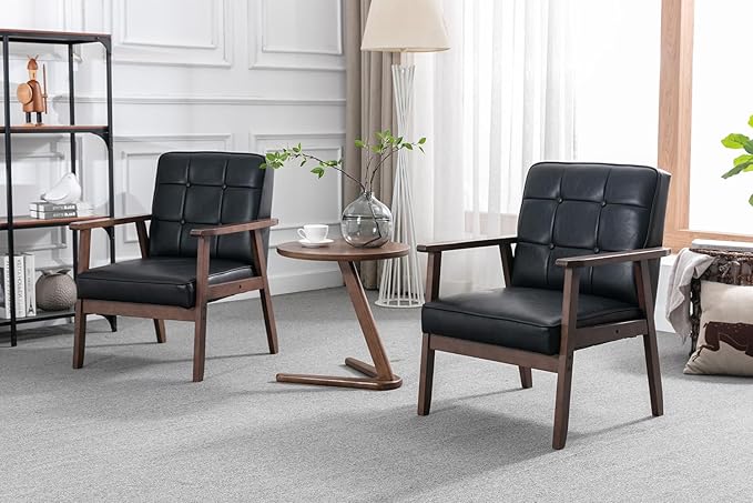 Okeysen Mid Century Modern Accent Chair Retro Wood and Leather Armchairs Side Chair Lounge Reading Comfy Arm Chair for Living Room Bedroom Office (Matte Black)