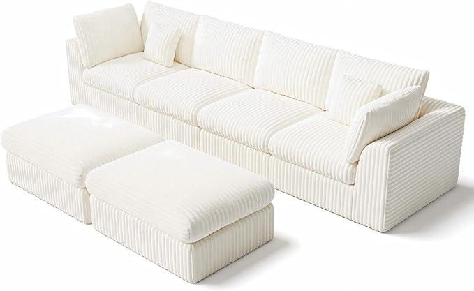 148” Cloud Sectional Couches Boneless Modular Sofa with Ottomans for Living Room Deep Seat Chenille Sectional Sofa for Apartment Warm White