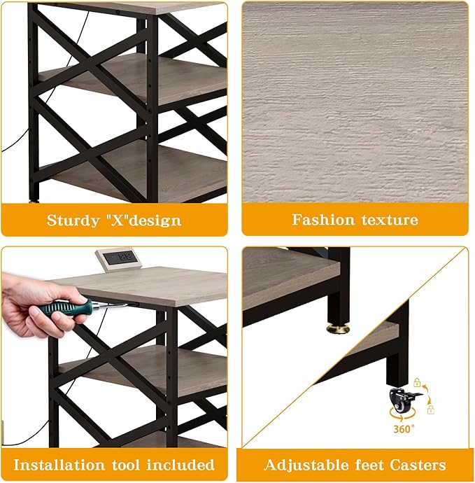 Large Printer Stand with Power Outlet with Height Adjustable Storage Shelf 3 Tier Rolling Printer Cart with Industrial Wheels 23.6 x 23.6 Inches Printer Table for Home Office Greige