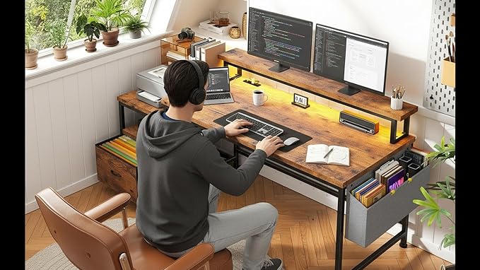 Computer Desk with Monitor StandOffice Desk with LED Lights &ampPower OutletsGaming Desk with Drawers &amp Printer ShelfWriting Table with Side Storage Bag57 W x 20 D x 36 HRustic Brown