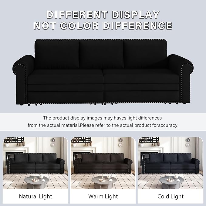 93.7 King Pull Out Sofa Bed Velvet Sleeper Sofa Couch 3 in 1 Convertible Futon Couches for Living Room Small Space Apartment Office Bedroom Modern Rivet Armrest Black