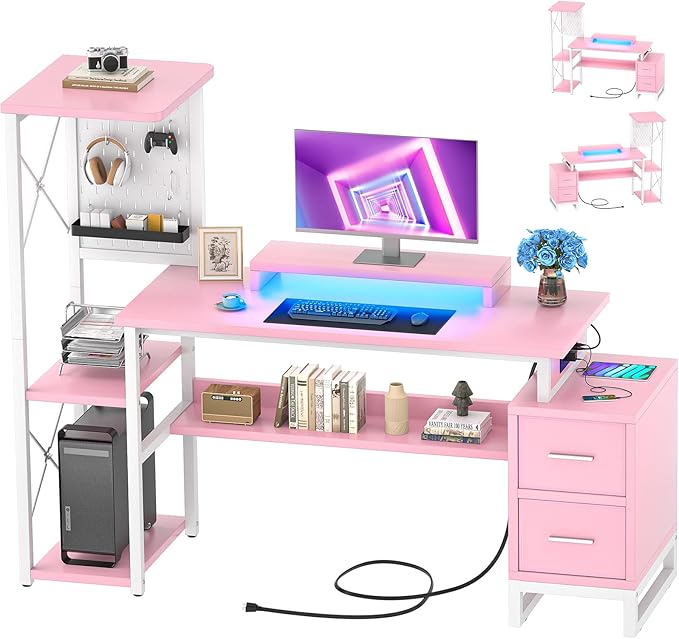 Computer Desk with 2 Fabric Drawers - Reversible Home Office Desk with Power Outlet &amp LED Lights 53 Writing Desk with Monitor Stand &amp Storage Shelves Gaming Desk Study Table with Pegboard