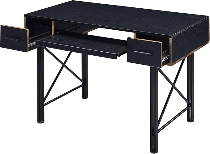 Home Office Desk Black Computer Desk with Keyboard TrayWood+Metal