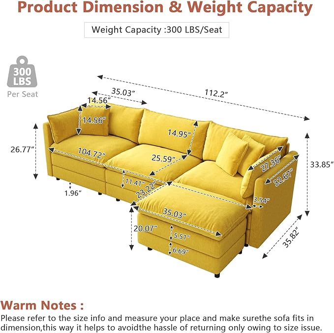Setawix Deep 3 Seater Couch with Ottoman112.2 L-Shaped Cloud Couches for Living RoomChenille Cloud Sofa Couch with Deep SeatModular Sectional L Shape 3 Seat Sofa for Bedroom (Yellow 3+1)