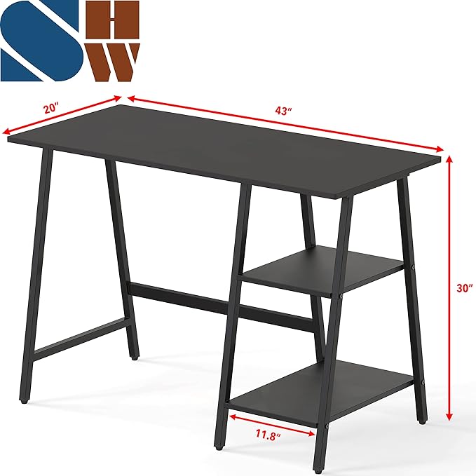 SHW 43-Inch Home Office Trestle Computer Desk with Open Storage Shelves Black