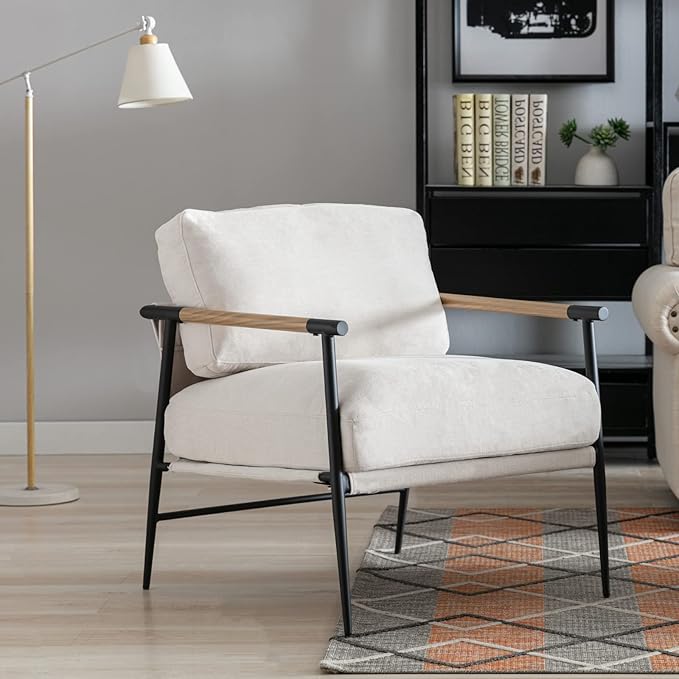 CIMOTA Modern Accent Chair Comfy Armchair Chenille Fabric Living Room Chair with Metal Frame Upholstered Leisure Chairs with Thick Cushion for Living Room Bedroom Balcony 1PC Beige