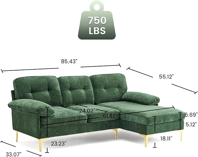 Sectional Couches for Living Room85 L-Shaped SofasModern Couch with Deep Seats &amp Chaise LongueRemovable Sofa Pillows WashableSofa for Apartments(ChenilleGreen)