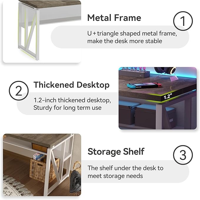 LITTLE TREE 63-Inch Executive Office Desk Large Computer Desk with Storage Shelf Executive Desk with Metal Frame Thickened Desktop Study Writing Desk Work Station for Home Office Grey + White
