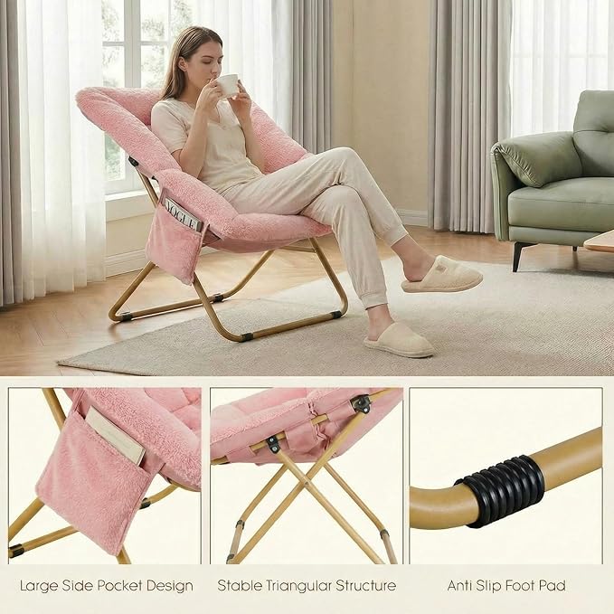 Folding Saucer Chair Comfy Reading Chair with Soft Thick Padded Seat Plush Faux Fur Lounge Chair for Small Space Bedroom Dorm Living Room X-Large Lazy Chair for Adults Teens Kids