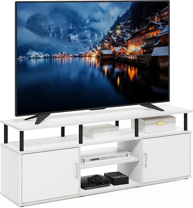 Furinno Jensen Entertainment Center Stand for TV up to 70 Inch Plastic Pole Solid White/Black