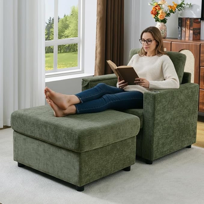 Modern Accent Chairs with Storage Ottoman Set Chenille Reading Armchair with Tray Table and Charging Ports Comfy Chaise Lounge Chair for Living Room Bedroom Reading Nook