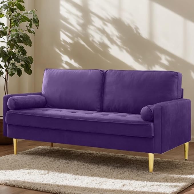 65 Inch Purple Velvet Couch Small Loveseat Sofa &amp Office Sofa for Small Space Smalls Couch for Bedroom Livingroom 2 Pillows Gold Legs Tufted Seat (Purple)