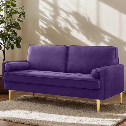 65 Inch Purple Velvet Couch Small Loveseat Sofa &amp Office Sofa for Small Space Smalls Couch for Bedroom Livingroom 2 Pillows Gold Legs Tufted Seat (Purple)