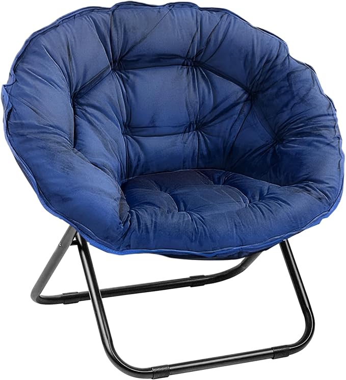 Grezone Folding Saucer Chair Lazy Moon Chair with Metal Frame Comfy Bedroom Chairs for Bedroom Living Room Study Navy