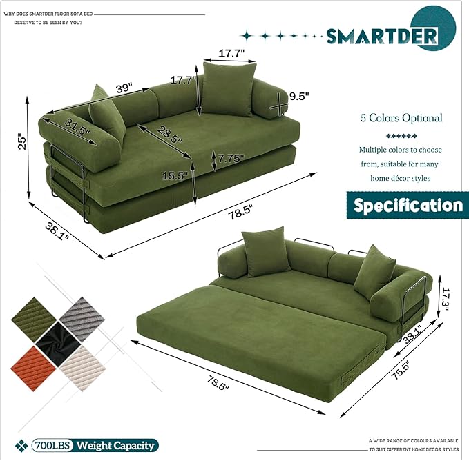 Convertible Folding Sofa Bed Modular Floor Sofa with Removable Backrest 3-Seater Fold Out Couch Bed with Pillows King Size Futon Lazy Couch Corduroy Sleeper for Living Room Dorm Green