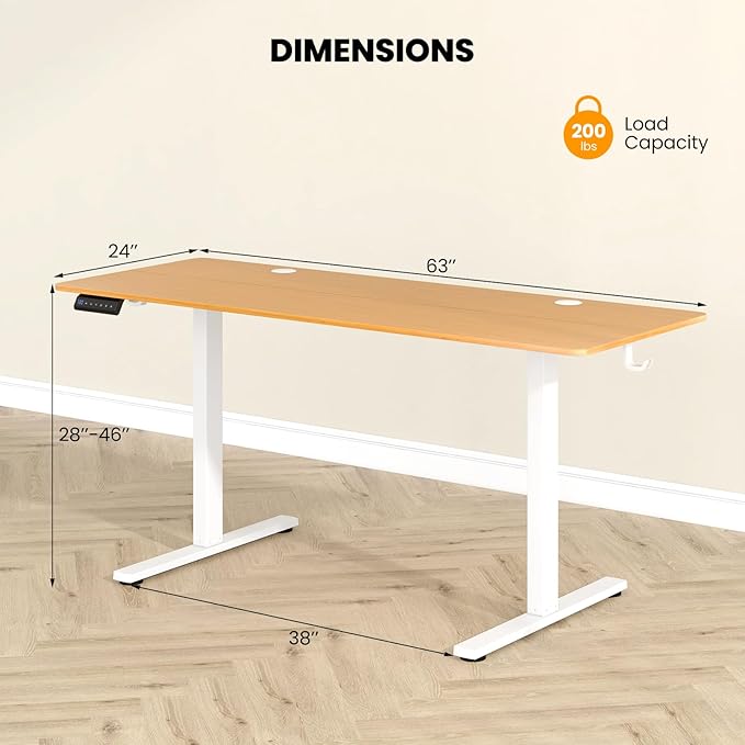 Tangkula 63 Inch Height Adjustable Electric Standing Desk Extra Large Sit Stand Desk with 3 Memory Height Settings Anti-Collision System 2 Hanging Hooks &amp Wire Holes Rising Desk for Home Offic
