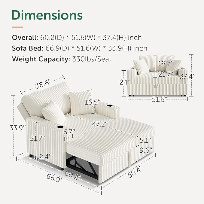 52” 3-in-1 Convertible Pull-Out Sofa Bed Sleeper Loveseat with Built-in Cup Holders Reclining Backrest Pet-Friendly Corduroy Sofa for Small Space - White