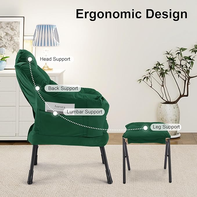 Lazy Chair with OttomanOversized Accent Chair with Thick Cushion Side PocketModern Lounge Arm Reading Chair and Folding Footrest for Living RoomBedroomOfficeDormApartment Green