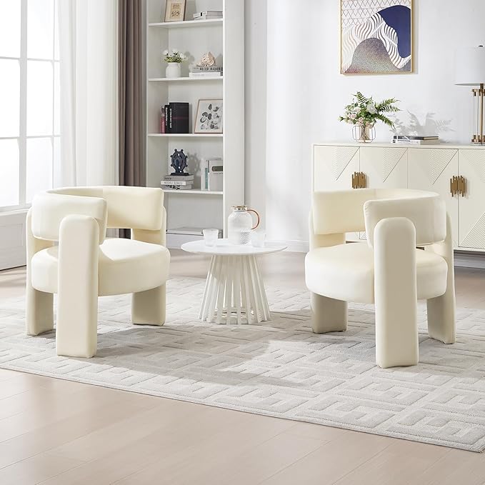 Barrel Accent Chairs Set of 2 Mid Century Modern Upholstered Living Room Chairs with Wooden Legs Comfy Velvet Reading Arm Chair for Bedroom Makeup Room Beige